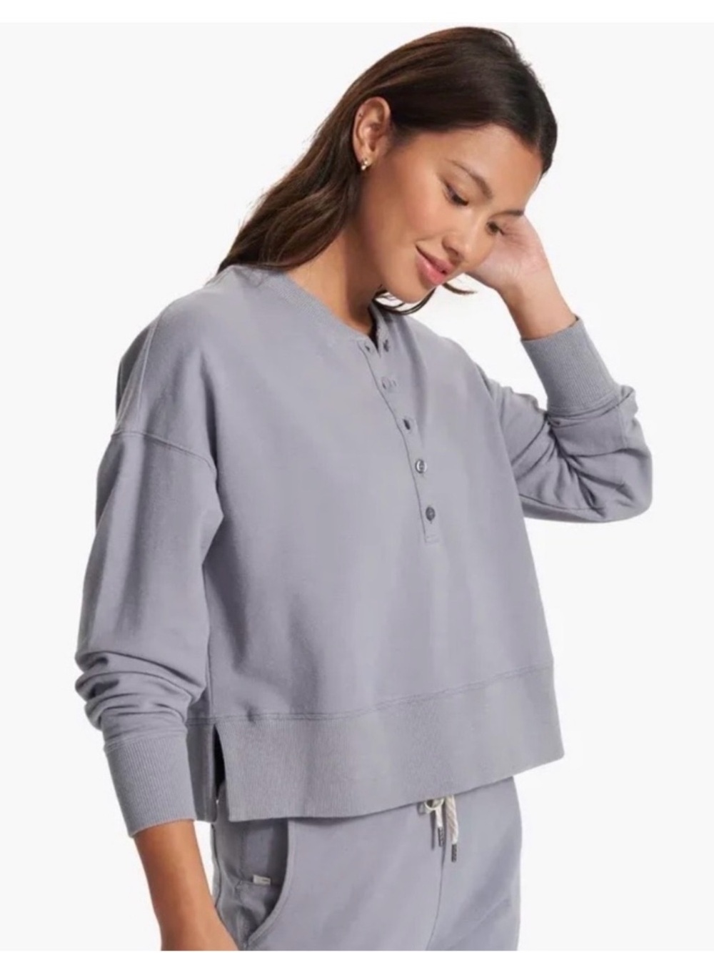 Vuori Laguna Henley Flint Grey Button Down Stretch Organic Cotton Sweatshirt